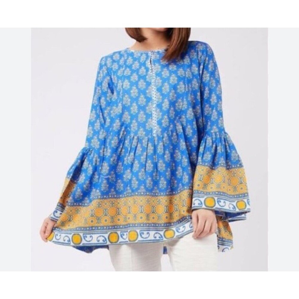 Khaadi Desert Blooms Blue Yellow Blouse Top Womens size 12 Ruffle Sleeve Boho